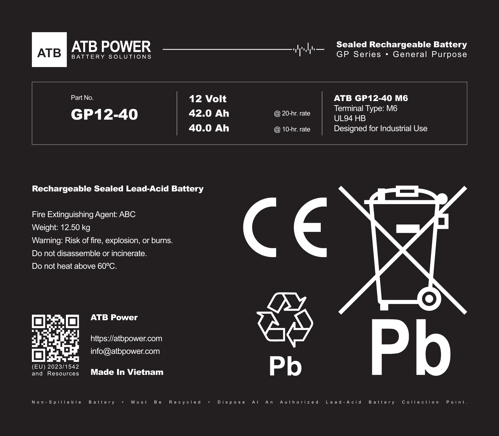 Silkscreen artwork of the ATB GP12-40 battery label
